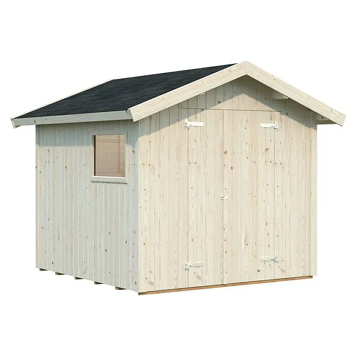 Palmako Caseta de jardín Nils - Medidas ext. (An x Pr): 279 x 289 cm, Madera, Natural - Una caseta de jardín de madera clara con techo negro y pequeña ventana, ideal para guardar herramientas de jardinería.