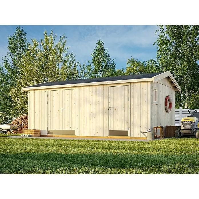 Palmako Caseta de jardín Olaf - Medidas ext. (An x Pr): 606 x 368 cm, Madera, Natural - Amplio cobertizo de jardín de madera con puerta doble y puerta lateral para herramientas de jardín y almacenamiento.