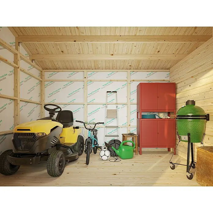 Palmako Caseta de jardín Olaf - Medidas ext. (An x Pr): 606 x 368 cm, Madera, Natural - Un garaje con un cortacésped, una bicicleta, una parrilla y herramientas de jardinería, que ofrece almacenamiento organizado y funcionalidad.