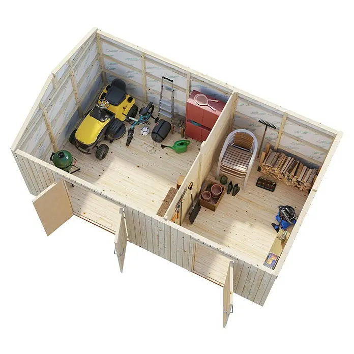 Palmako Caseta de jardín Olaf - Medidas ext. (An x Pr): 606 x 368 cm, Madera, Natural - Vista interior de una caseta de jardín de madera, que muestra diversas herramientas de jardinería, una carretilla y un cortacésped.