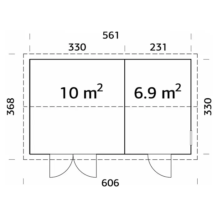 Palmako Caseta de jardín Olaf - Medidas ext. (An x Pr): 606 x 368 cm, Madera, Natural - Plano de planta de un edificio rectangular con dos habitaciones, 10 m² y 6,9 m², con puertas y dimensiones.