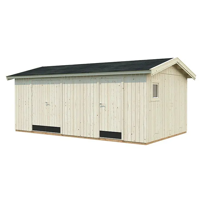 Palmako Caseta de jardín Olaf - Medidas ext. (An x Pr): 606 x 368 cm, Madera, Natural - Un cobertizo de jardín espacioso con puerta doble y una ventana pequeña, ideal para guardar herramientas de jardinería y más. La estructura de madera asegura estabilidad.