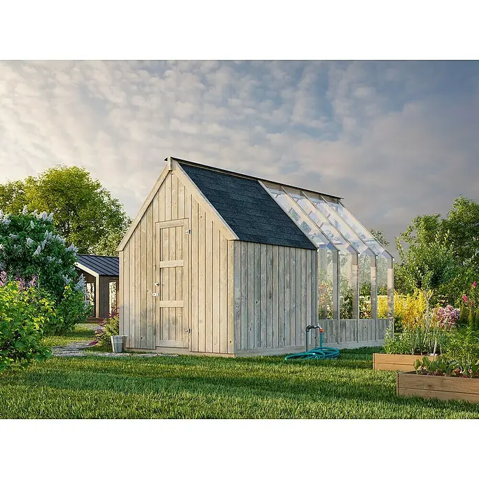 Palmako Caseta de jardín Emilia - Medidas ext. (An x Pr): 240 x 187 cm, Madera, Gris - Una caseta de jardín con una sección de techo de vidrio inclinada. Delante de la caseta hay un césped verde y un parterre con plantas.
