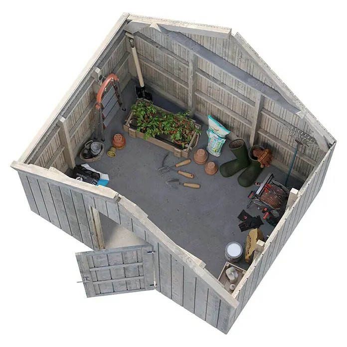 Palmako Caseta de jardín Emilia - Medidas ext. (An x Pr): 240 x 187 cm, Madera, Gris - Vista al interior de una caseta de jardín de madera con herramientas de jardinería, plantas en una caja de madera, escalera y herramientas. Todo para el jardinero aficionado.