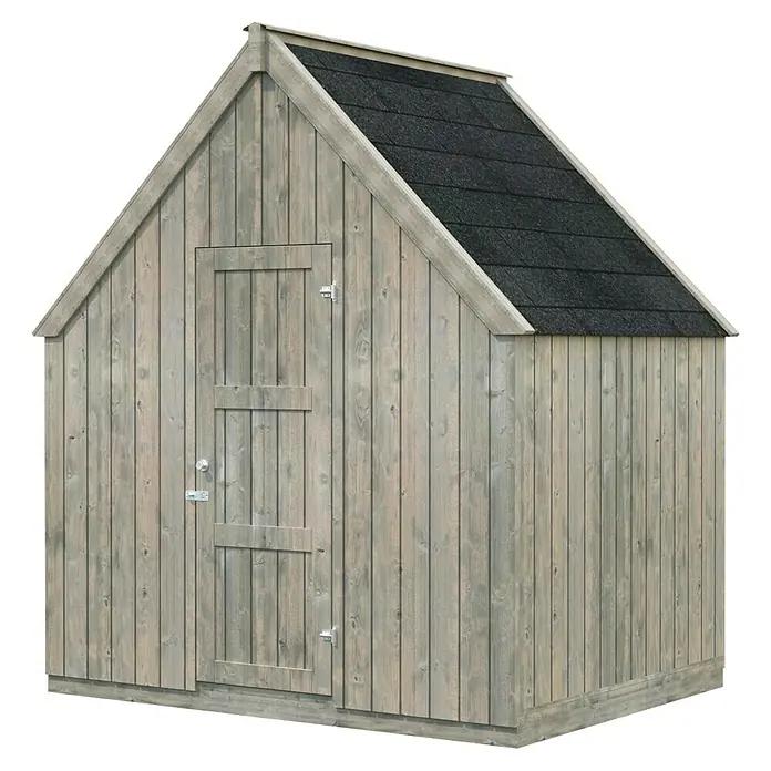 Palmako Caseta de jardín Emilia - Medidas ext. (An x Pr): 240 x 187 cm, Madera, Gris - Un cobertizo de jardín de madera gris con un techo a dos aguas negro, ideal para guardar herramientas y muebles de jardín.