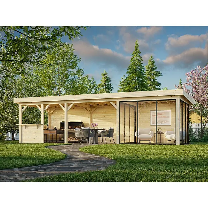 Palmako Caseta de jardín Lenna Set 716 Slide Plus - Medidas ext. (An x Pr): 916 x 340 cm, Madera, Natural - Esta imagen muestra una caseta de jardín de madera moderna, con zona de barbacoa y zona de estar acristalada para relajarse al aire libre.