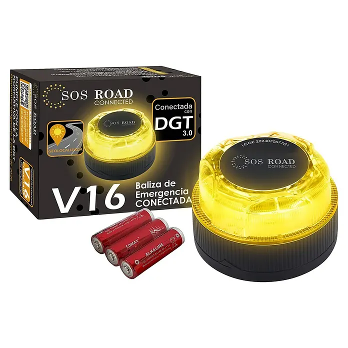 Luz de emergencia V16 Conectada NK - Apto para: Avería en el vehículo, Transmisión de datos: Red móvil - Imagen del producto de una baliza luminosa de emergencia SOS ROAD CONNECTED V16 con pilas y embalaje, una herramienta útil para emergencias en carretera.