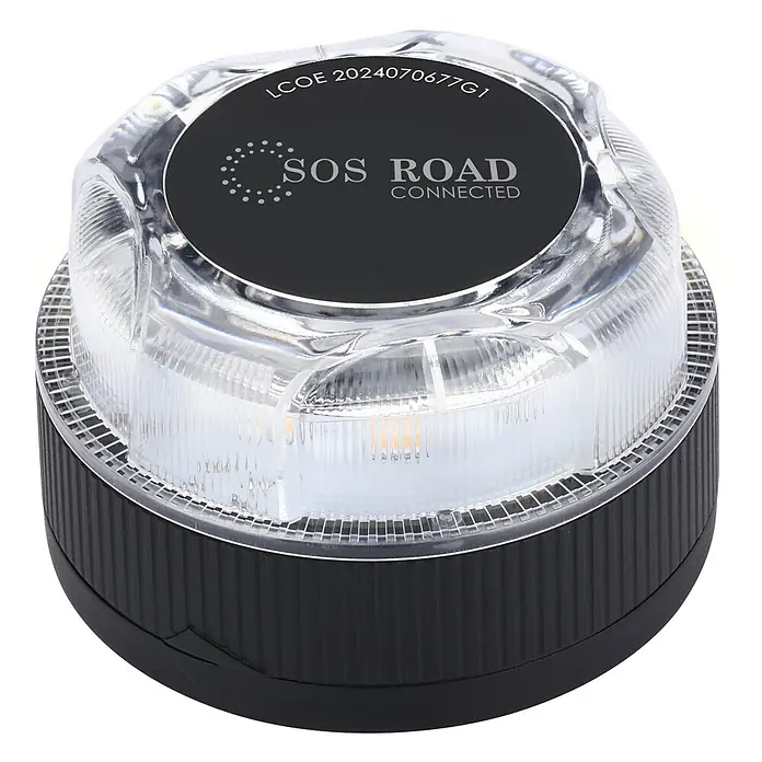 Luz de emergencia V16 Conectada NK - Apto para: Avería en el vehículo, Transmisión de datos: Red móvil - Primer plano de una baliza de seguridad SOS ROAD Connected colocada sobre un fondo negro.