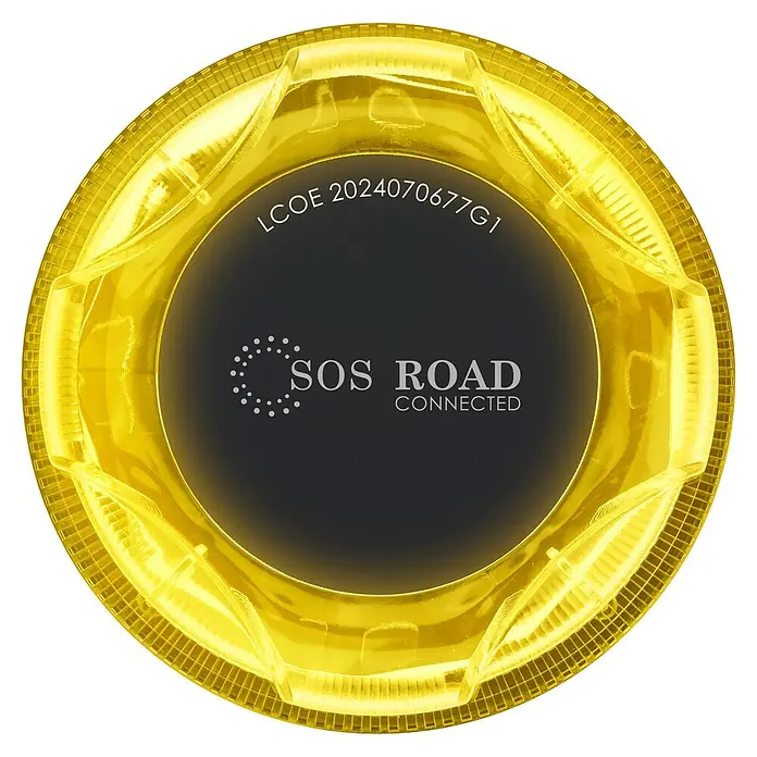Luz de emergencia V16 Conectada NK - Apto para: Avería en el vehículo, Transmisión de datos: Red móvil - Aquí hay un primer plano de un producto amarillo SOS ROAD CONNECTED, posiblemente una luz de advertencia o un dispositivo de seguridad para emergencias en carretera.