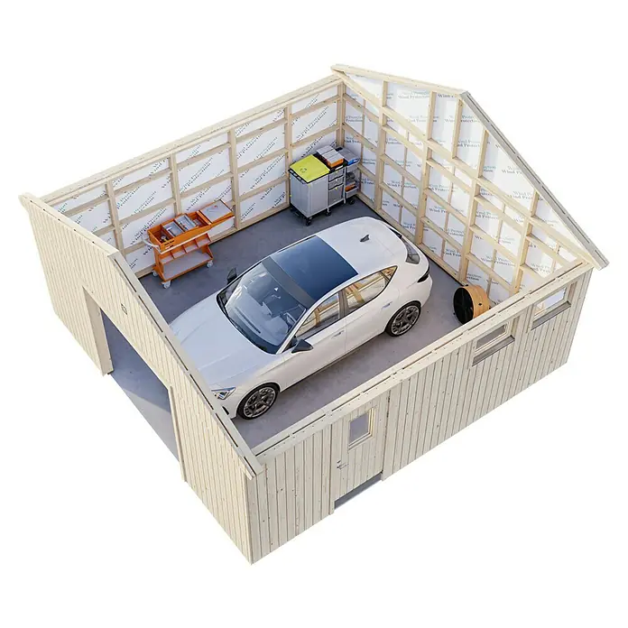 Palmako Garaje Andre sin puerta - Medidas ext. (An x Pr): 603 x 622 cm, Madera, Natural, 28,5 m² - Una representación detallada de un garaje de madera con un coche blanco, carros de herramientas y membranas de protección contra el viento en las paredes.