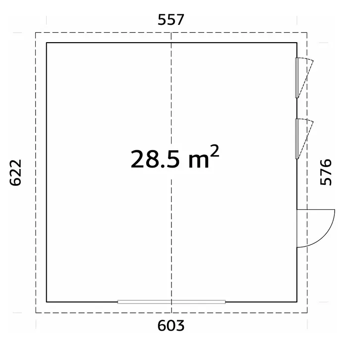 Palmako Garaje Andre sin puerta - Medidas ext. (An x Pr): 603 x 622 cm, Madera, Natural, 28,5 m² - Plano de planta de un edificio con una superficie de 28,5 m², dimensiones de 622 x 603 y una ventana y puerta visibles.