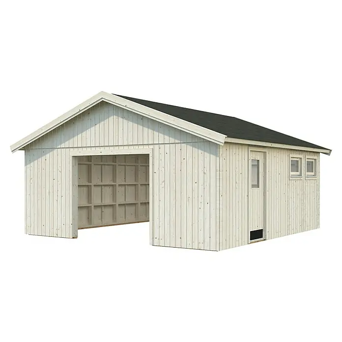Palmako Garaje Andre sin puerta - Medidas ext. (An x Pr): 603 x 622 cm, Madera, Natural, 28,5 m² - Una luminosa caseta de garaje de madera con puerta de garaje abierta y entrada lateral con ventanas, perfecta para almacenamiento y como taller.