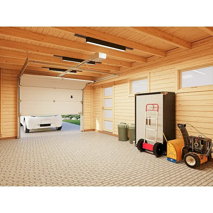 Palmako Garaje Rasmus con puerta seccional - Medidas ext. (An x Pr): 420 x 598 cm, Madera, Natural, 19 m² - Amplio garaje con coche, contenedores, carro, armario para herramientas y quitanieves. Ideal para amantes del bricolaje y dueños de coches.