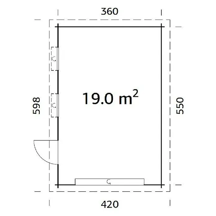 Palmako Garaje Rasmus con puerta seccional - Medidas ext. (An x Pr): 420 x 598 cm, Madera, Natural, 19 m² - Plano de planta de una casa con una superficie de 19.0 m², con dimensiones de 360 x 550 y 420 x 598 cm.