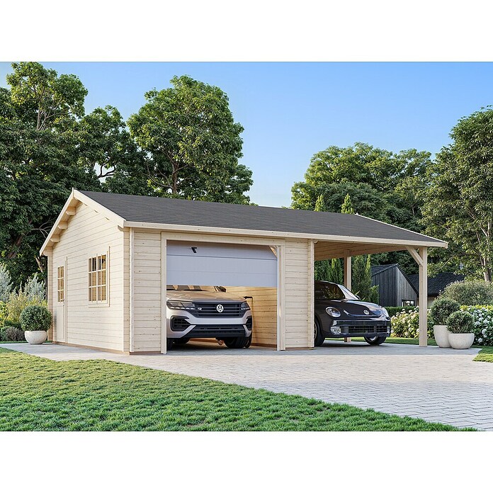 Palmako Garaje con carport Roger con puerta seccional (Medidas ext. (An x Pr): 703 x 619 cm, Natural, Madera, 35,2 m²) | BAUHAUS