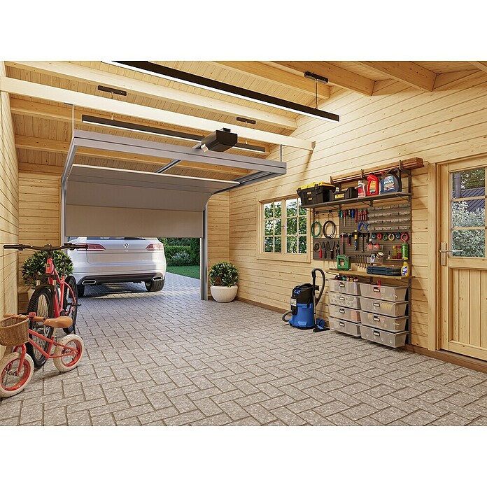 Palmako Garaje con carport Roger con puerta seccional (Medidas ext. (An x Pr): 703 x 619 cm, Natural, Madera, 35,2 m²) | BAUHAUS