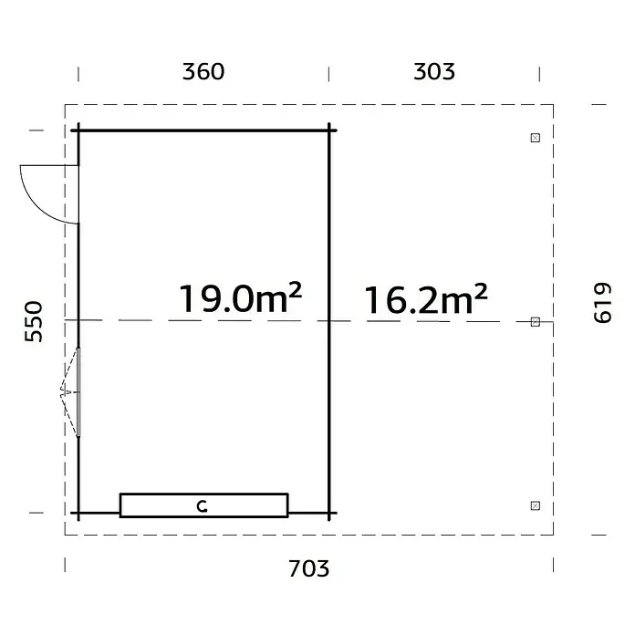 Palmako Garaje con carport Roger con puerta seccional - Medidas ext. (An x Pr): 703 x 619 cm, Natural, Madera, 35,2 m² - Plano de planta de un edificio que mide 703 x 619, dividido en áreas de 19.0m² y 16.2m².