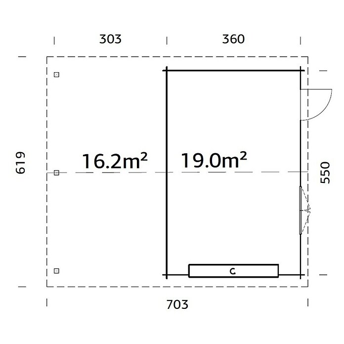 Palmako Garaje con carport Roger con puerta seccional (Medidas ext. (An x Pr): 703 x 619 cm, Natural, Madera, 35,2 m²) | BAUHAUS