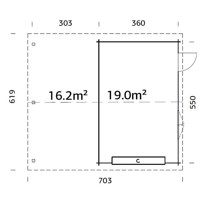 Palmako Garaje con carport Roger con puerta seccional - Medidas ext. (An x Pr): 703 x 619 cm, Natural, Madera, 35,2 m² - Plano de planta de una caseta de jardín con dos habitaciones y dimensiones de 703 x 619 cm. Superficies: 16,2 m² y 19,0 m².