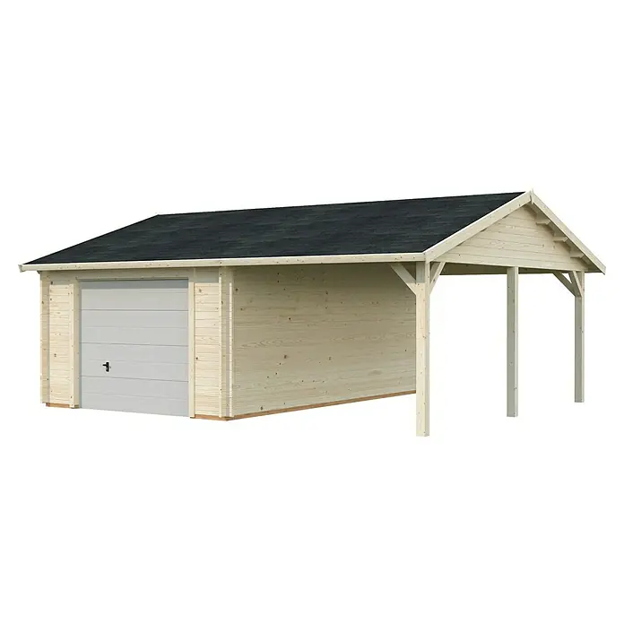 Palmako Garaje con carport Roger con puerta seccional - Medidas ext. (An x Pr): 703 x 619 cm, Natural, Madera, 35,2 m² - Imagen de un kit de garaje de madera con una extensión de cochera, que combina funcionalidad y comodidad para tu hogar.