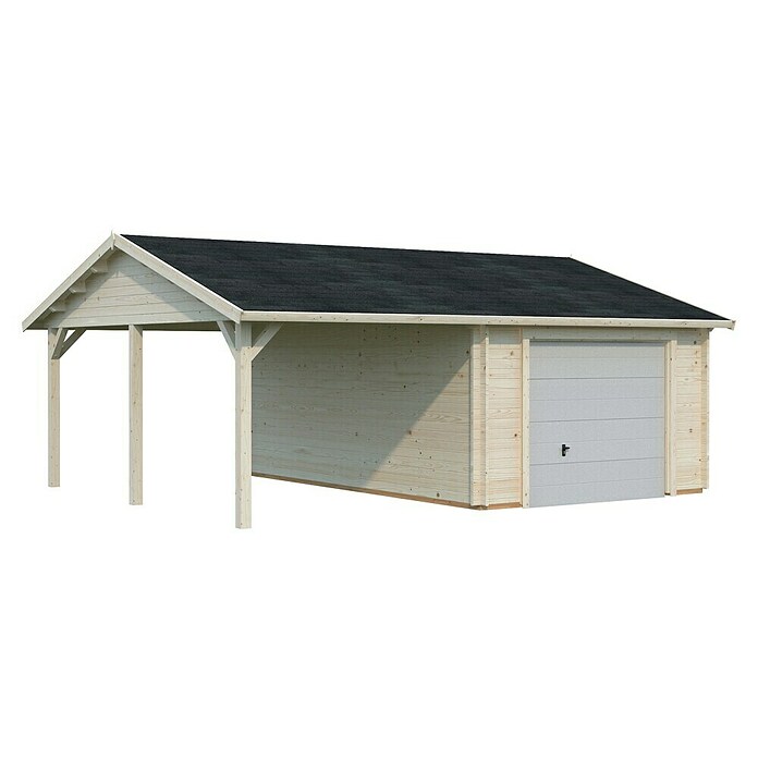 Palmako Garaje con carport Roger con puerta seccional (Medidas ext. (An x Pr): 703 x 619 cm, Natural, Madera, 35,2 m²) | BAUHAUS
