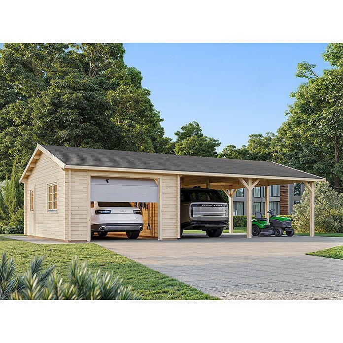 Palmako Garaje con carport Roger con puerta seccional (Medidas ext. (An x Pr): 1.006 x 619 cm, Madera, Natural, 52,2 m²) | BAUHAUS