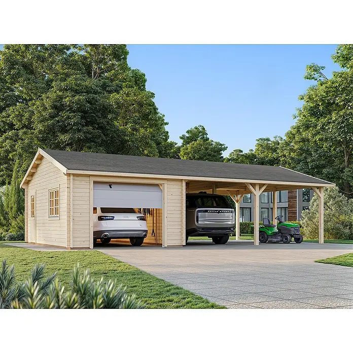 Palmako Garaje con carport Roger con puerta seccional - Medidas ext. (An x Pr): 1.006 x 619 cm, Madera, Natural, 52,2 m² - Un gran garaje de madera con una zona de carport abierta, que protege coches y un cortacésped. El garaje ofrece un espacio de almacenamiento seguro.