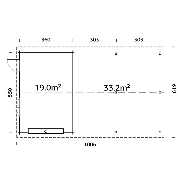 Palmako Garaje con carport Roger con puerta seccional (Medidas ext. (An x Pr): 1.006 x 619 cm, Madera, Natural, 52,2 m²) | BAUHAUS