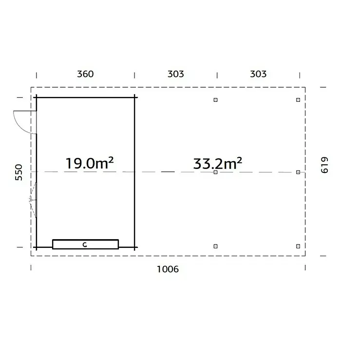 Palmako Garaje con carport Roger con puerta seccional - Medidas ext. (An x Pr): 1.006 x 619 cm, Madera, Natural, 52,2 m² - Plano de planta de un edificio, dimensiones 1006 x 619, con dos habitaciones de 19.0m² y 33.2m² de superficie respectivamente.