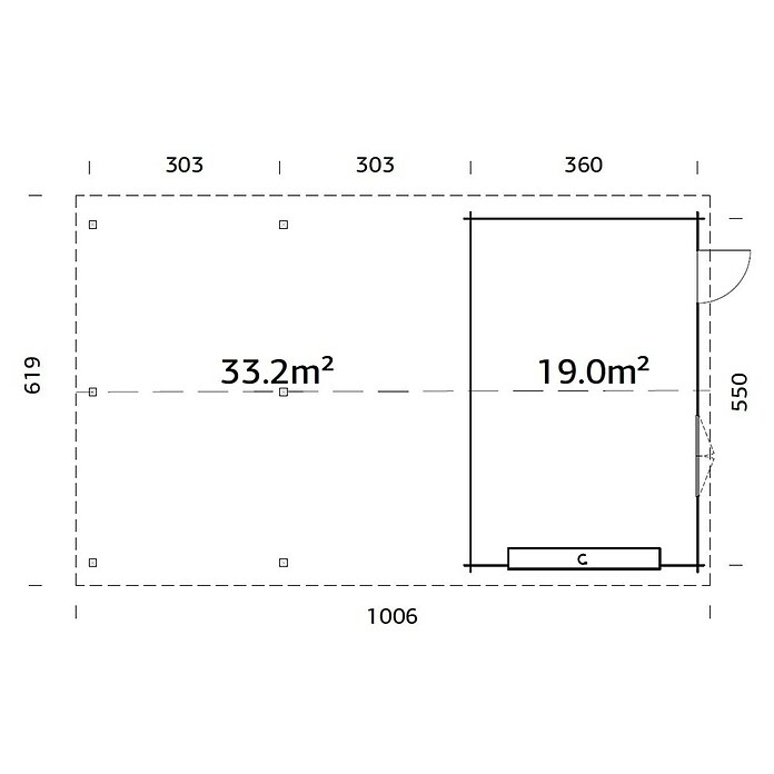 Palmako Garaje con carport Roger con puerta seccional (Medidas ext. (An x Pr): 1.006 x 619 cm, Madera, Natural, 52,2 m²) | BAUHAUS