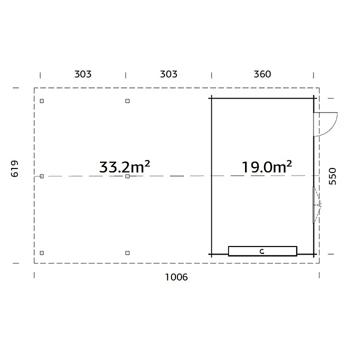 Palmako Garaje con carport Roger con puerta seccional - Medidas ext. (An x Pr): 1.006 x 619 cm, Madera, Natural, 52,2 m² - Plano de planta de una casa que muestra dos áreas distintas de 33,2 m² y 19,0 m², incluidas las anotaciones de dimensiones detalladas.