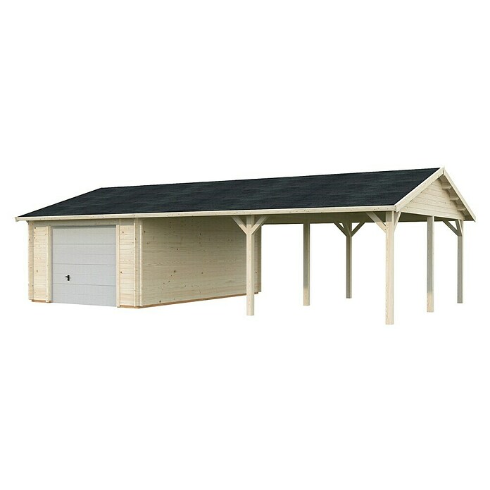 Palmako Garaje con carport Roger con puerta seccional (Medidas ext. (An x Pr): 1.006 x 619 cm, Madera, Natural, 52,2 m²) | BAUHAUS