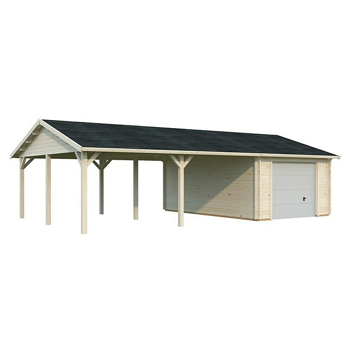 Palmako Garaje con carport Roger con puerta seccional (Medidas ext. (An x Pr): 1.006 x 619 cm, Madera, Natural, 52,2 m²) | BAUHAUS