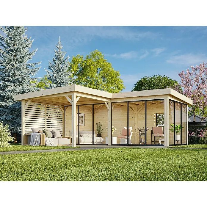 Palmako Caseta de jardín Lenna Set 414 Slide - Medidas ext. (An x Pr): 628 x 628 cm, Madera, Natural - Caseta de jardín con porche, ideal para relajarse o como un espacio de trabajo al aire libre con estilo. Las fachadas de vidrio ofrecen mucha luz.