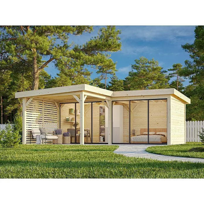 Palmako Caseta de jardín Lenna Set 413 Slide - Medidas ext. (An x Pr): 628 x 628 cm, Madera, Natural - Elegante casa de jardín con grandes ventanales que dejan entrar mucha luz. Acogedora zona de pabellón con una cómoda zona de estar para relajarse al aire libre.