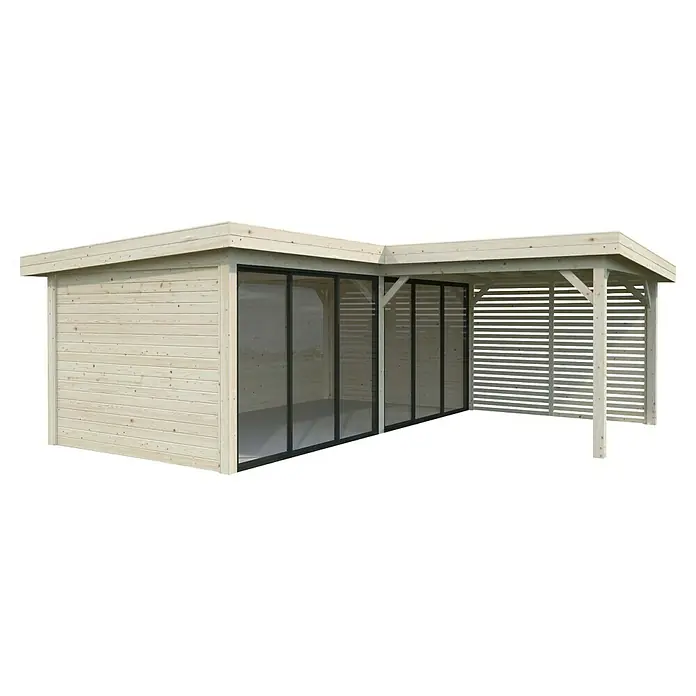 Palmako Caseta de jardín Lenna Set 413 Slide - Medidas ext. (An x Pr): 628 x 628 cm, Madera, Natural - Caseta de jardín de madera con zona de terraza cubierta, perfecta para relajarse al aire libre y un añadido elegante a cualquier jardín.