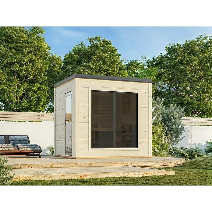 Palmako Saunahaus - Ohne Ofen, Natur, L x B x H: 238 x 261 x 250 cm - Modernes Gartenhaus mit hellen Holzpaneelen, grossen Fensterflächen und einer einladenden Holzterrasse. Ideal für den Garten.