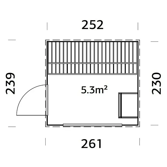 Palmako Saunahaus - Ohne Ofen, Natur, L x B x H: 238 x 261 x 250 cm - Grundriss eines Zimmers mit Möbeln und Abmessungen. Fläche des Raumes beträgt 5,3 m².