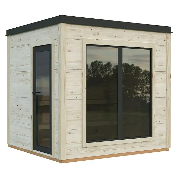 Palmako Saunahaus - Ohne Ofen, Natur, L x B x H: 238 x 261 x 250 cm - Ein modernes Gartenhaus mit Holzverkleidung, einer Tür und einem großen Fenster, ideal für den Garten.