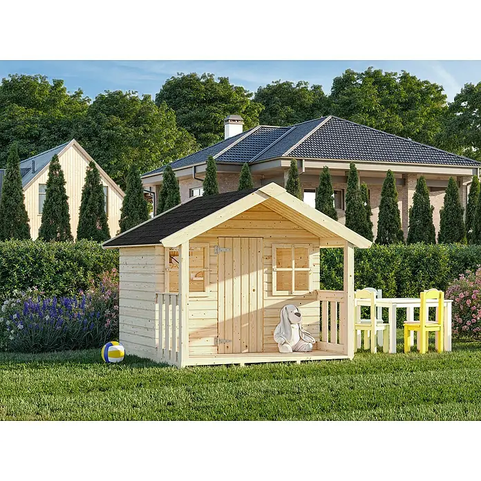 Palmako Caseta infantil Felix con terraza - L x An x Al: 112 x 180 x 169 cm, Madera, Marróm - Encantadora casita de madera con mesa y sillas en un jardín, ideal para que los niños jueguen y descubran el aire libre.