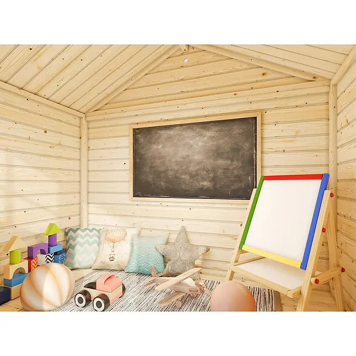 Palmako Caseta infantil Felix con terraza - L x An x Al: 112 x 180 x 169 cm, Madera, Marróm - Una habitación infantil en una casa de madera, con un caballete, una pizarra y juguetes. La habitación tiene un ambiente luminoso y lúdico.