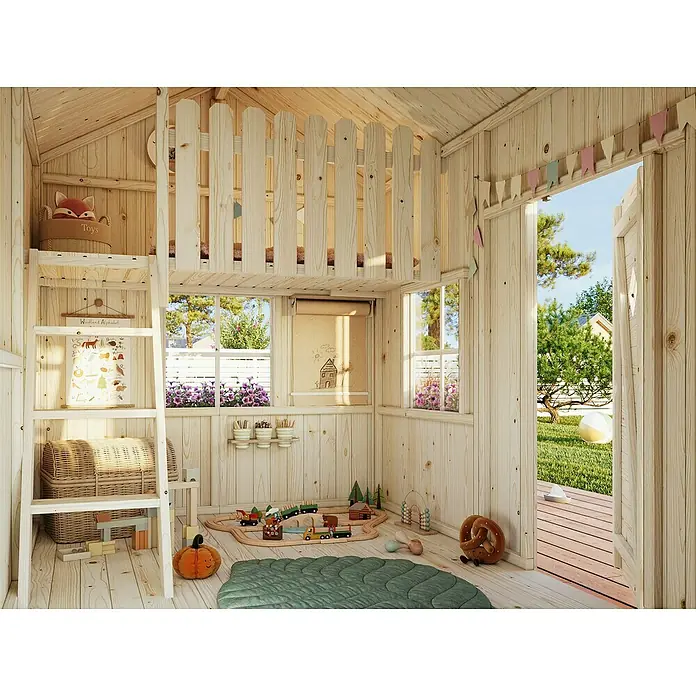 Palmako Caseta infantil Grete con altillo - L x An x Al: 233 x 175 x 220 cm, Madera, Marróm - Una casita de juegos luminosa con detalles de madera, juguetes y una acogedora zona de loft, ideal para aventuras creativas.