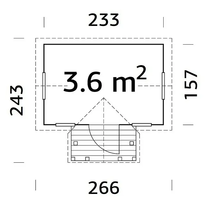 Palmako Caseta infantil Jennie con alero - L x An x Al: 243 x 266 x 220 cm, Madera, Marróm - Plano de una pequeña casa con terraza, mostrando dimensiones y distribución. Ideal para jardín o como mini espacio habitable.