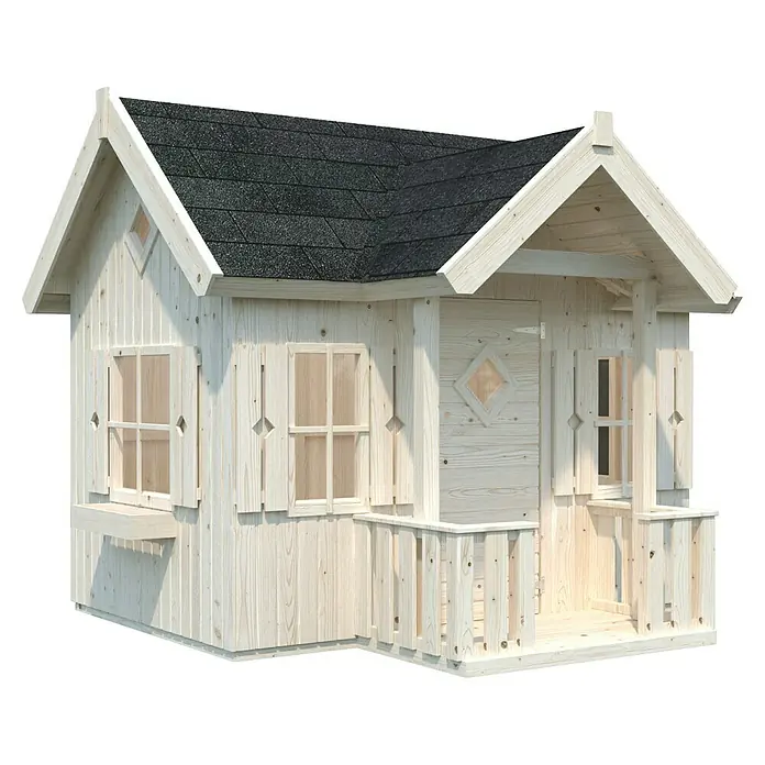 Palmako Caseta infantil Jennie con alero - L x An x Al: 243 x 266 x 220 cm, Madera, Marróm - Una encantadora casita de juegos de madera clara con un porche cubierto, ideal para juegos imaginativos al aire libre.