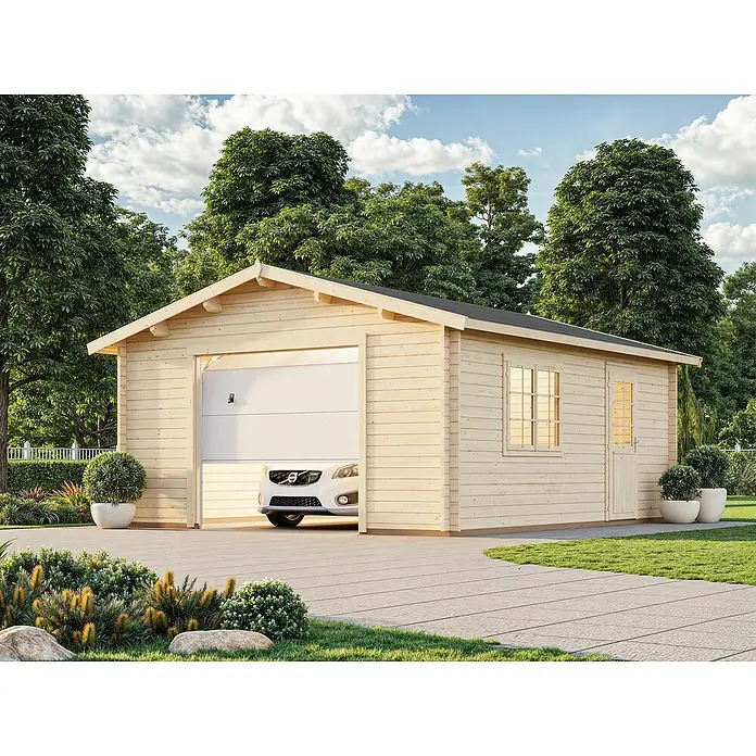 Palmako Garaje Roger con puerta seccional - Medidas ext. (An x Pr): 514 x 598 cm, Madera, Natural, 23,9 m² - El garaje moderno de madera con un coche blanco en el interior, que ofrece la solución perfecta para guardar su vehículo.