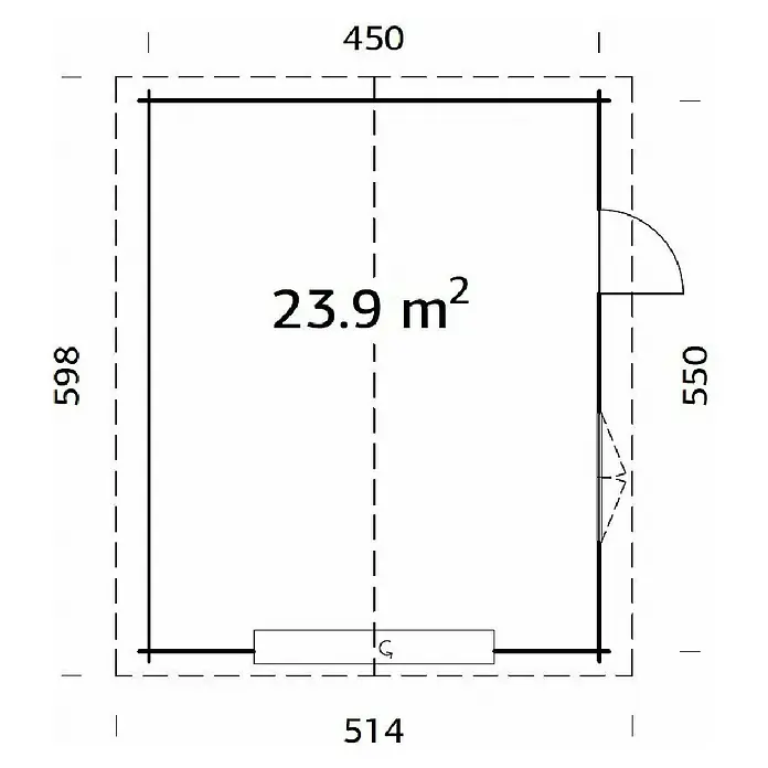 Palmako Garaje Roger con puerta seccional - Medidas ext. (An x Pr): 514 x 598 cm, Madera, Natural, 23,9 m² - Plano de planta de un edificio con dimensiones 450x598 y 514x550, área de 23.9 m².