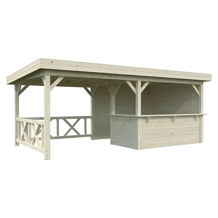 Palmako Pérgola estándar Lenna Set 310 - L x An: 628 x 340 cm, Madera, Natural - Vista del producto de una glorieta de jardín de madera clara. La caseta de madera tiene techo y está parcialmente abierta en los laterales.