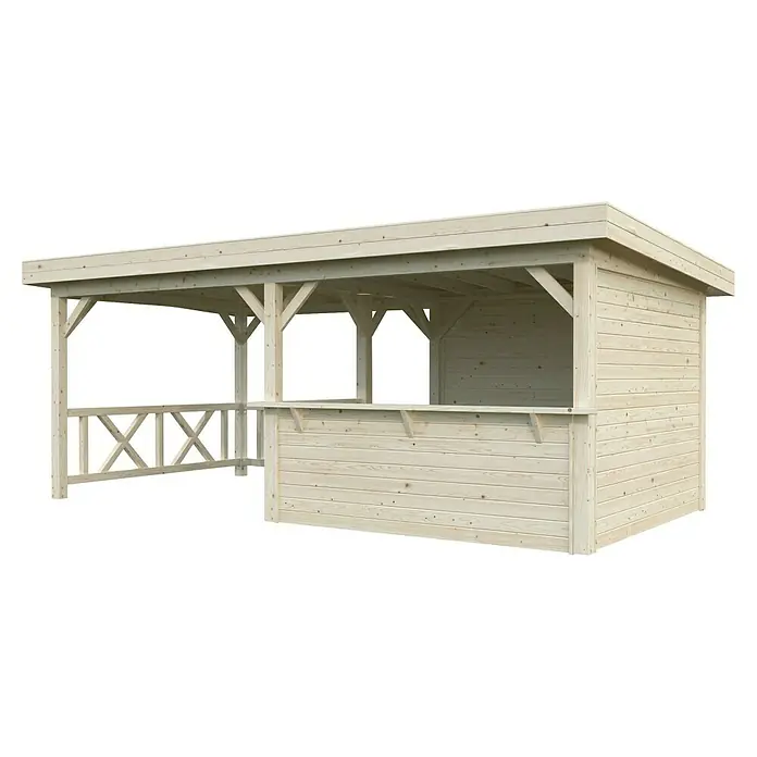 Palmako Pérgola estándar Lenna Set 310 - L x An: 628 x 340 cm, Madera, Natural - Acogedor pabellón de madera con bar y barandilla, ideal para el jardín. La construcción de madera clara ofrece protección y confort al aire libre.