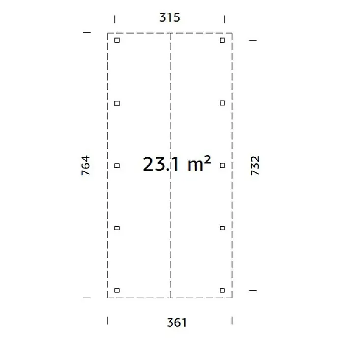 Palmako Carport Classico Robert - Medidas ext. (An x Pr): 361 x 764 cm, Carport individual, Natural - Representación esquemática de un área rectangular, con dimensiones 315 x 764 y 361 x 732, superficie 23,1 m².
