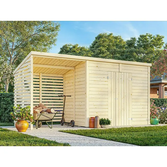 Palmako Caseta de jardín con leñero Leif - Medidas ext. (An x Pr): 467 x 187 cm, Madera, Natural - Un cobertizo de jardín espacioso de madera clara con espacio de almacenamiento abierto para leña y área cerrada para herramientas de jardín.